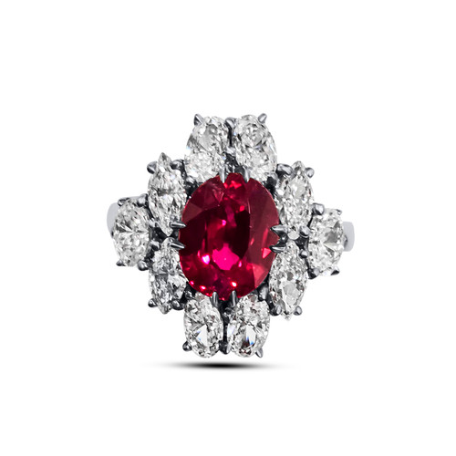 2ct Oval Cut Center Ruby  surrounded by 4 Marquise stones (.65ct) & 6 Oval stones (1.5ct). Center stone size: 9X7mm. F306-RUB-CZ-14K