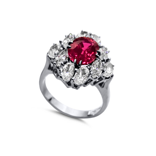 2ct Oval Cut Center Ruby  surrounded by 4 Marquise stones (.65ct) & 6 Oval stones (1.5ct). Center stone size: 9X7mm. F306-RUB-CZ-14K