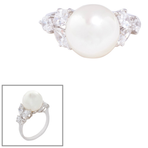 11mm Pearl Center with 4 Marquise Cut Stones of 1ct  and 2 Round Cut Stones of .2ct on the sides. F332-PL-CZ-14K