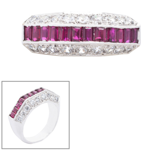 Bezel set 12 Baguette Cut Center Stones of 1ct in a row  with 9 Round Cut Stones of 1.10ct on Each Side (18 stones total) F4-RUB-CZ-14K