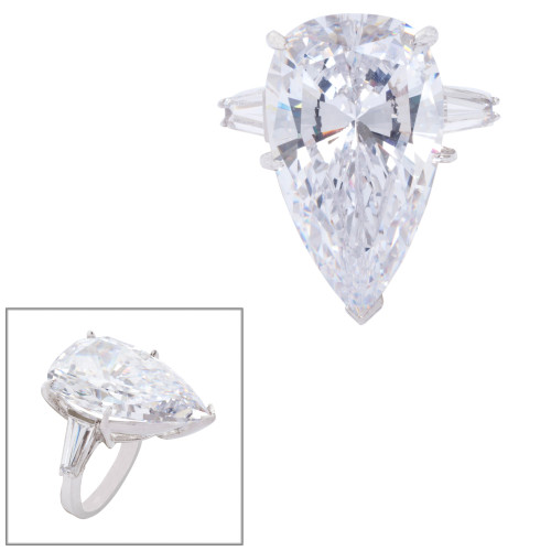 20ct Large Pear-shaped Center  with 2 Baguettes on the sides of 1.5ct TCW. Center stone size: 24x14mm F502-CZ-14K