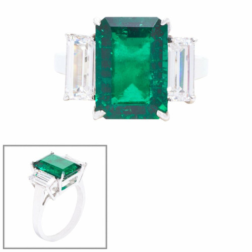 Green Emerald and Baguette Three Stone Ring (6.5TCW) Green Emerald and Baguette Three Stone Ring (6.5TCW)