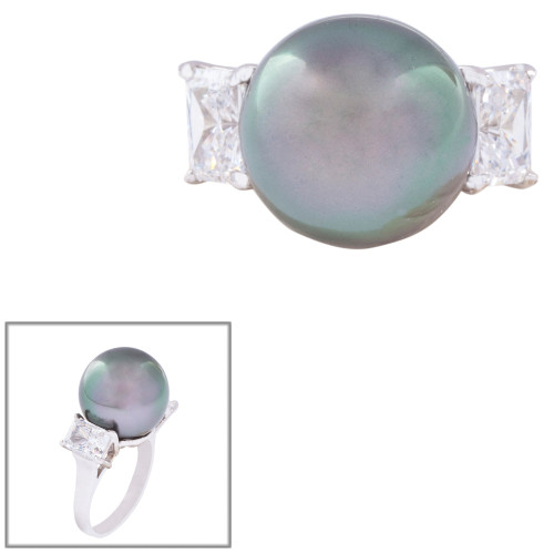 14mm Pearl Center with 2 Emerald Cut stones on the sides of 2 TCW.  F537-PL-CZ-14K