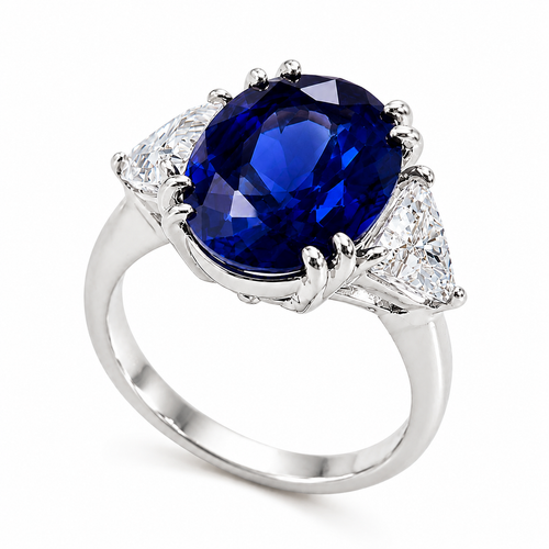 Oval Sapphire with Trillion Sides Three Stone Ring (10 TCW)
