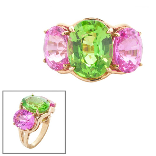 Pink and Peridot Three Stone Ring (18 TCW)