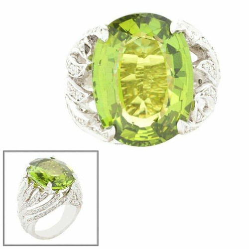 Large Oval Peridot with Pave Swirl Sides Ring (14 TCW)