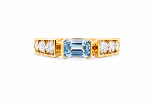 BEZEL EMER CUT W/ ROUNDS STONE F856-AQUA-CZ-14K