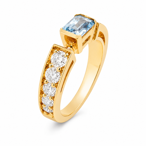 BEZEL EMER CUT W/ ROUNDS STONE F856-AQUA-CZ-14K