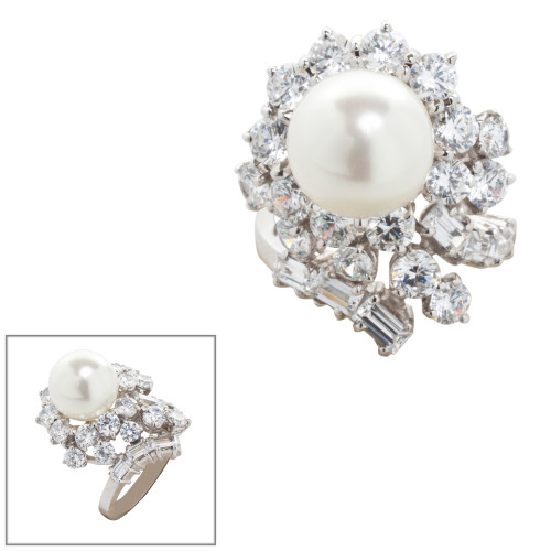 11mm Pearl Center surrounded by 17 Round Cut Stones of 2.4ct  and 6 Baguette Cut stones of 1.2ct down the side. 17379P-PL-CZ