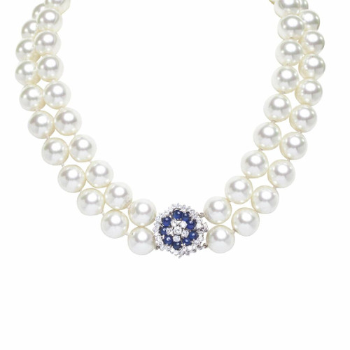 Double Strand Pearl Necklace with Sapphire Cabochon Crystal Clasp Double Strand Pearl Necklace with Sapphire Cabochon Crystal Clasp