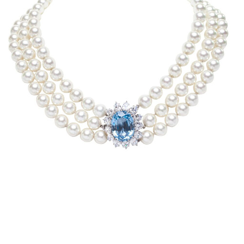 Triple Strand Pearl Necklace with Aquamarine Halo Center (28.4 TCW)