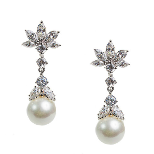 Pearl Drop Earrings with Cluster Marquise Top (4 TCW) Pearl Drop Earrings with Cluster Marquise Top (4 TCW)