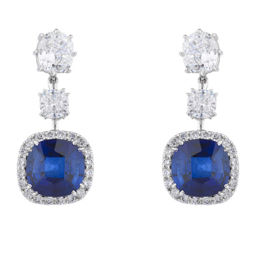 Double Cushion with Sapphire Halo Drop Earring (22 TCW) Double Cushion with Sapphire Halo Drop Earring (22 TCW)