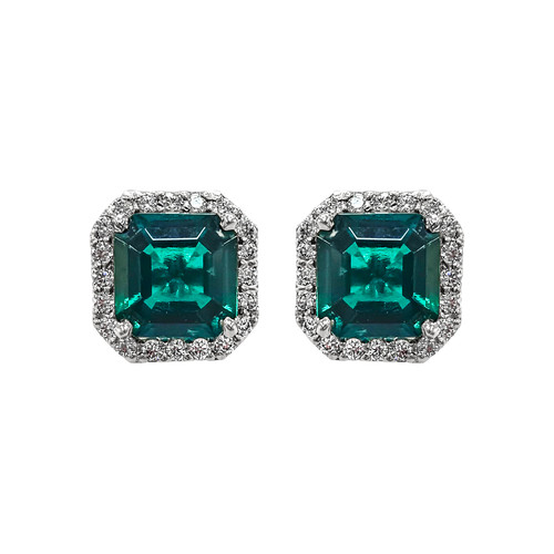 Square-Cut Emerald Studs with Pave Halo