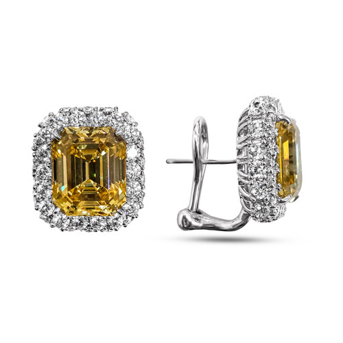 7CT(12x10) Emerald Cut Canary Earring with Double Halo