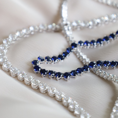 Lab Grown Sapphire & CZ Round Tennis Necklace (4mm)
