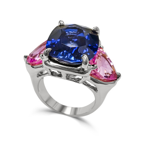 Large Sapphire and Pink Tourmaline Three Stone Ring (17.5 TCW)