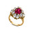 2ct Oval Cut Center Ruby  surrounded by 4 Marquise stones (.65ct) & 6 Oval stones (1.5ct). Center stone size: 9X7mm. F306-RUB-CZ-14K