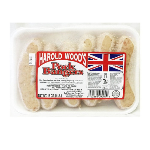 Harold Woods Pork Bangers 454g 
 Sausage with black and white pepper for extra flavour.

Authentic British style banger. Delicious grilled or pan-cooked.
ALLERGENS: Wheat