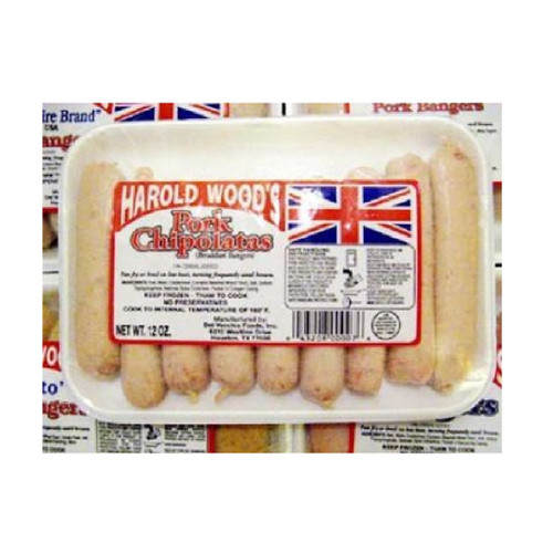 Harold Woods Chipolatas 340g
 Authentic, mildly seasoned Chipolata. Delicious grilled or pan-cooked
ALLERGENS: Wheat