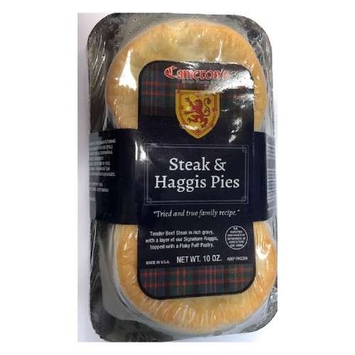 Cameron's - Steak & Haggis Pie 2 pk - 280g 
 Tried and true recipe of tender Beef Steak in rich gravy, with a layer of Haggis, topped with a Flaky Puff Pastry
ALLERGENS: Wheat, Barley