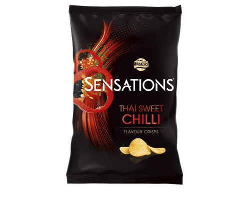 Walkers Thai Sweet Chilli Crisps 40g 
Thai inspired sweet chilli flavoured crisps. A nice balance of sweet, and spice! 
ALLERGENS: Soya, Wheat