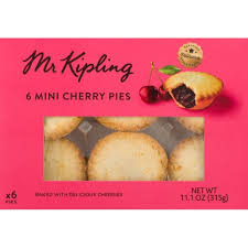 Mr Kipling Cherry Pies 6pk - 315g 
Carefully baked and decorated mini pies in a rich pastry just bursting with rich cherries. 
ALLERGENS: Wheat, Milk