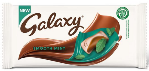 Galaxy Mint 110g 
Creamy Milk Chocolate Bar Infused With Natural Peppermint Flavour.
ALLERGENS: Milk, Soya