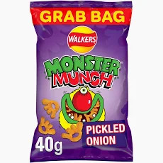 Walkers Monster Munch Pickled Onion Crisps Grab Bag 40g 
Crunchy, tangy, and baked pickled onion flavour corn snacks
ALLERGENS: Milk, Soya