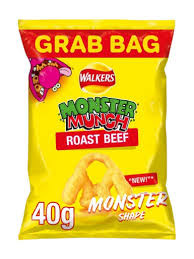 Walkers Monster Munch Roast Beef Crisps Grab Bag 40g 
Crunchy, tasty, baked not fried Roast Beef flavour snacks
ALLERGENS: Milk, Wheat, Soya