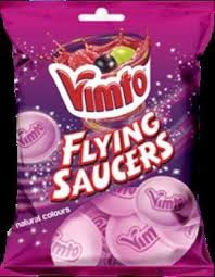 Nichols Vimto Flying Saucers 33g 
Retro sweets of small flying saucer shaped crispy wafers. These discs are filled with sherbet made with delicious Vimto flavour. 
ALLERGENS: Soya