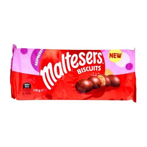 Maltesers Biscuits Raspberry 110g 
A delicious biscuit with a crispy malted center, enrobed in smooth milk chocolate & infused with the perfect hint of sweet juicy raspberry. 
ALLERGENS: Milk, Barley, Soy