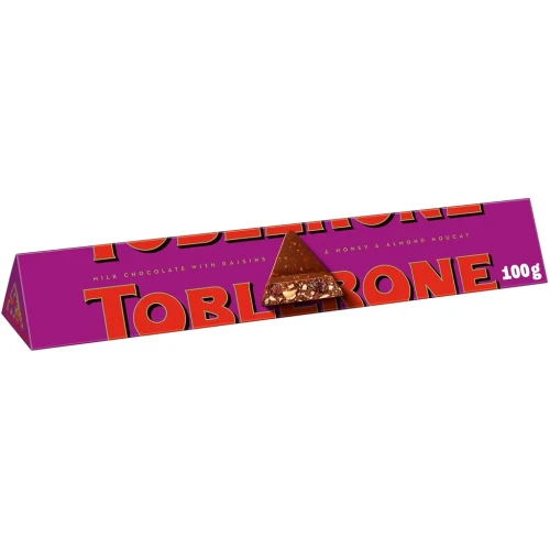Toblerone Fruit & Nut 100g 
Is it possible to elevate your Toblerone chocolate? It is now!! Toblerone Fruit & Nut blends the classic honey & almond nougat with juicy raisins & crunchy almonds; all in the iconic triangular shape. 
ALLERGENS: Milk, Almonds, Soya, Egg