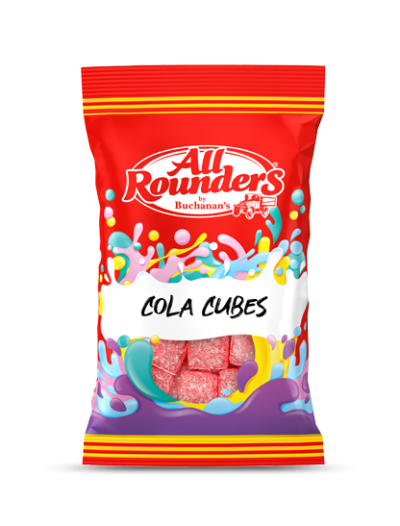 All Rounders Cola Cubes Bags - 150g 
Traditional  red-coloured hard boiled sweets with a distinct cola taste. 
ALLERGENS: Soya