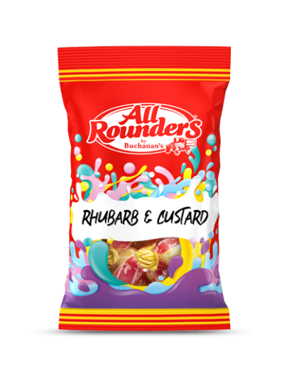 All Rounders Rhubarb & Custard Bags 150g x12 
Traditional hard boiled sweets that combine the tangy rhubarb flavour with the creamy custard for balance. 
ALLERGENS: Soya