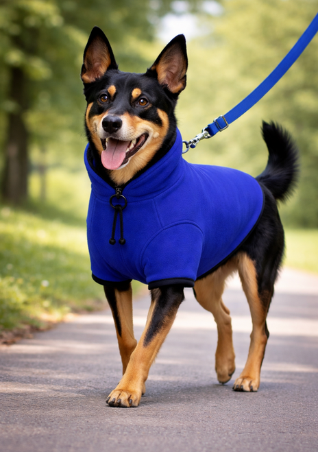Royal Blue Fleecy Dog Jumper - made in Australia (Note AI generated small details may differ)