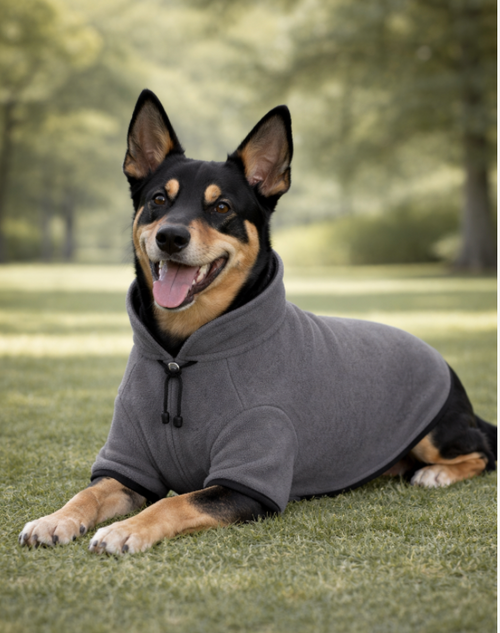Warm polar fleecy Charcoal dog jumper - made in Australia (AI generated image)