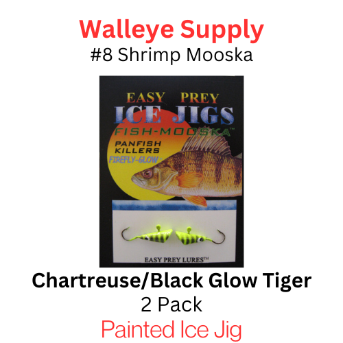 Easy Prey Lures: size 8 Shrimp Mooska CHARTREUSE BLACK GLOW TIGER