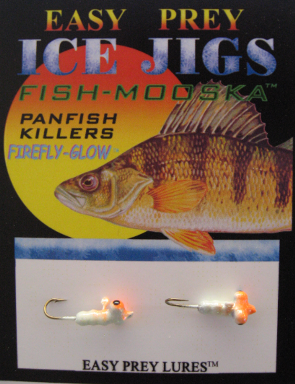 ICE FISHING JIGS #10 HORIZONTAL LARVA GLOW/ORANGE / EASY PREY LURES 