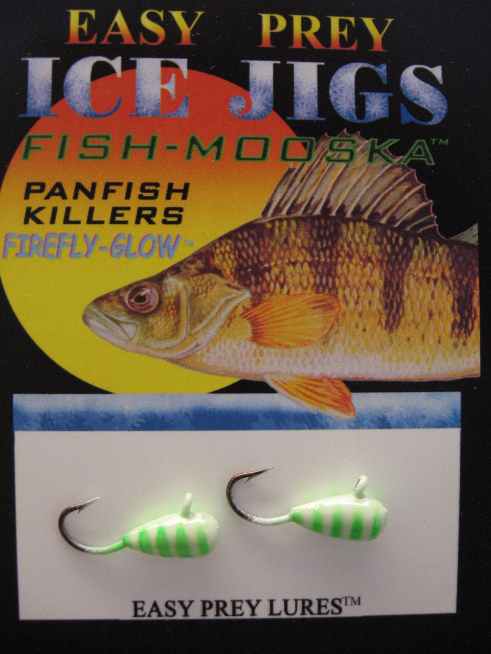 ICE FISHING JIGS #8 ICE MOOSKA GLOW/GREEN TIGER / EASY PREY LURES 