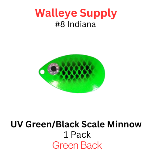 8 INDIANA blade UV GREEN BLACK SCALE MINNOW color 053
