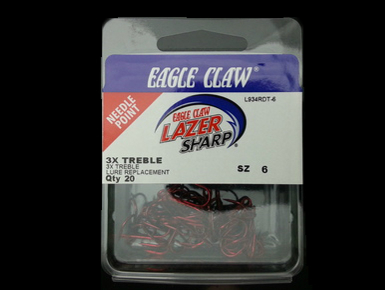 EAGLE CLAW L934R LAZER 3X RED TREBLE HOOKS 20/pk- #6