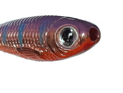 picture of copper killer perch, Copper minnow bead with purple back, orange belly, blue stripes on bilateral sides, black and silver eye. 