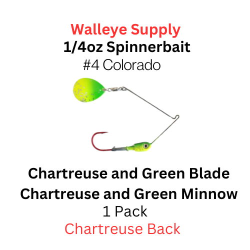 Northland Fishing Tackle reef runner spinnerbait: Chartreuse and green minnow with #4 Colorado chartreuse and green