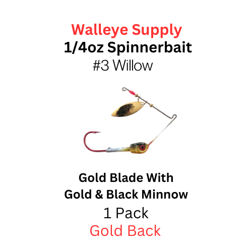 Northland Fishing Tackle 1/4 oz Reed runner Spinnerbait:  Gold and black minnow with a size 3 gold willow blade 