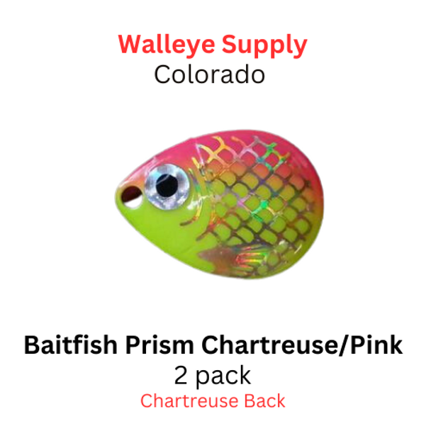 walleyesupply COLORADO blade # 3 BAITFISH PRISM CHARTREUSE/PINK 2/PK (chartreuse back)