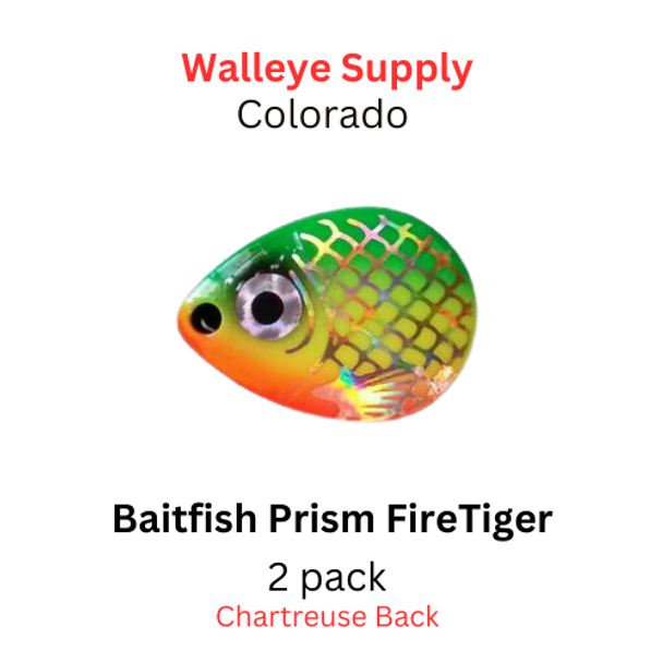 Walleye Supply COLORADO blade # 6 BAITFISH PRISM FIRETIGER 2/pk (Chartreuse Back)