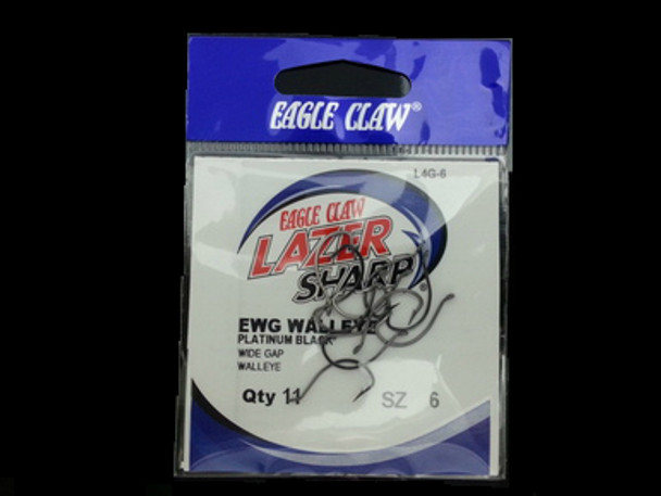 EAGLE CLAW LAZER EWG WALLEYE HOOKS 11/pk- BLACK #6 for making Lindy rigs and walleye crawler harnesses