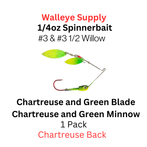 Northland Fishing Tackle Reef runner spinnerbait: Chartreuse and green minnow with a chartreuse and green # 3 1/2 and a # 3 Willow 