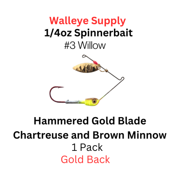 Northland Fishing Tackle 1/4 oz Reed runner Spinnerbait:  Chartreuse and Brown minnow with a size 3 hammered gold willow blade 